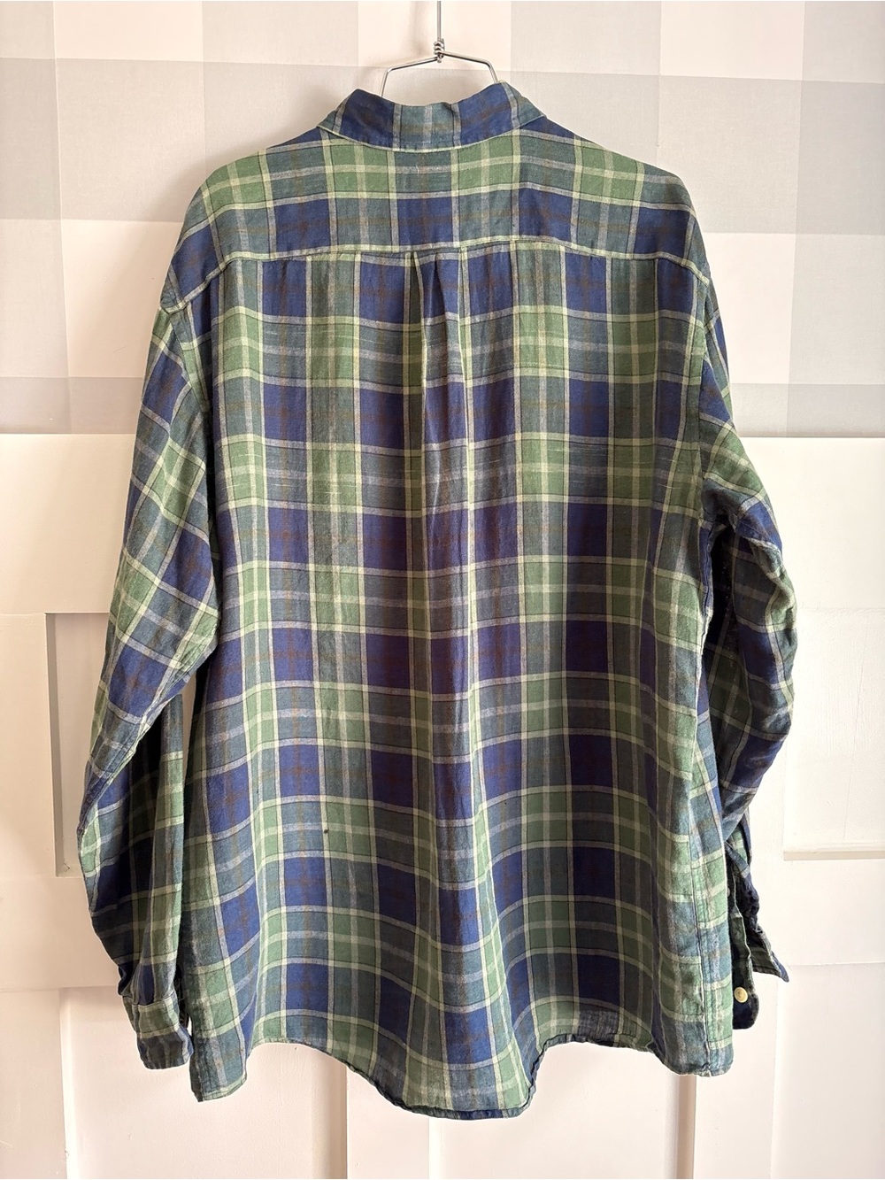 J. Crew Linen Olive Green and Navy Plaid Button-Front Shirt Large - Picture 6 of 7